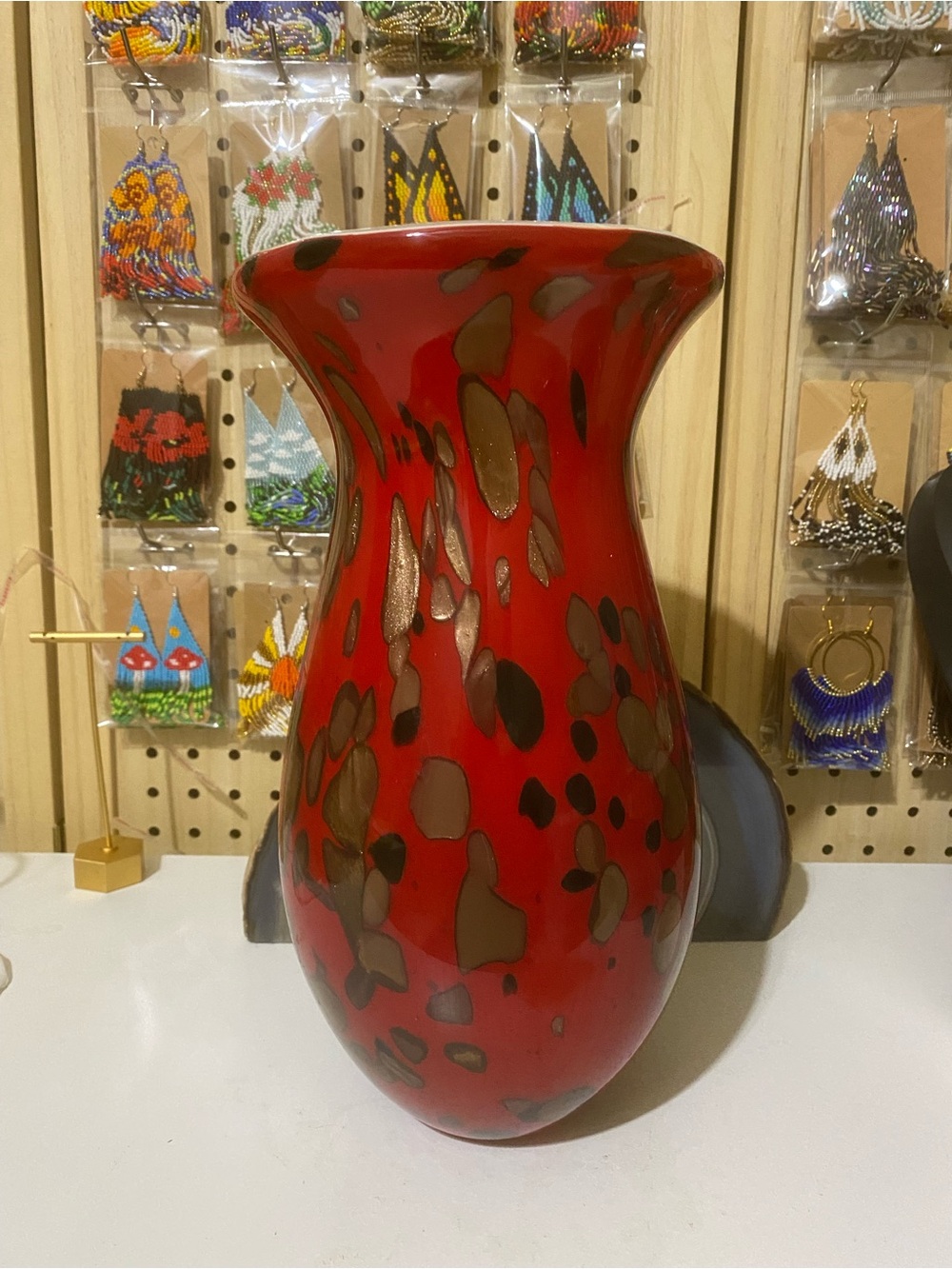 Vintage mid century Red Glass art Vase with Bronze Accents